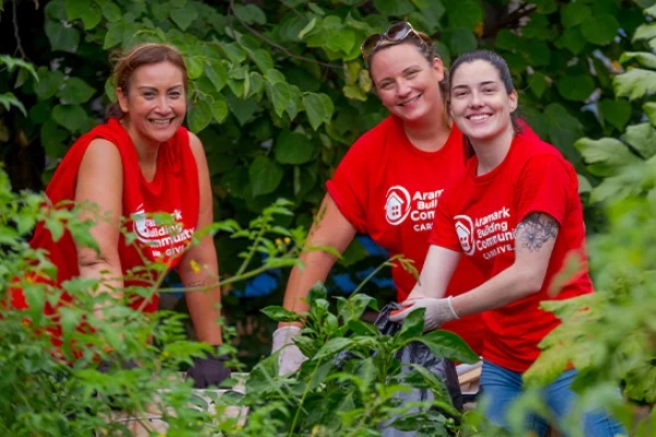 Aramark volunteers planting trees.